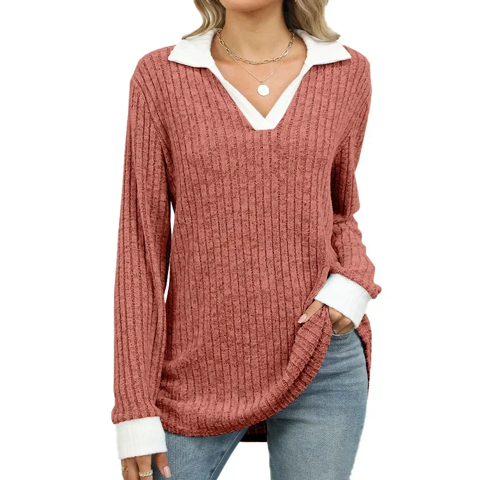 Women Long Sleeve Lightweight Sweater Shirt Tops Lapel V Neck