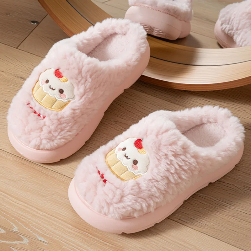 Cute Cartoon Decorat Fluffy Fur Indoor Slippers Women Winter 2026 Comfort Cloud Thick Sole Home Slippers Warm Plush Pink Slides - view 2