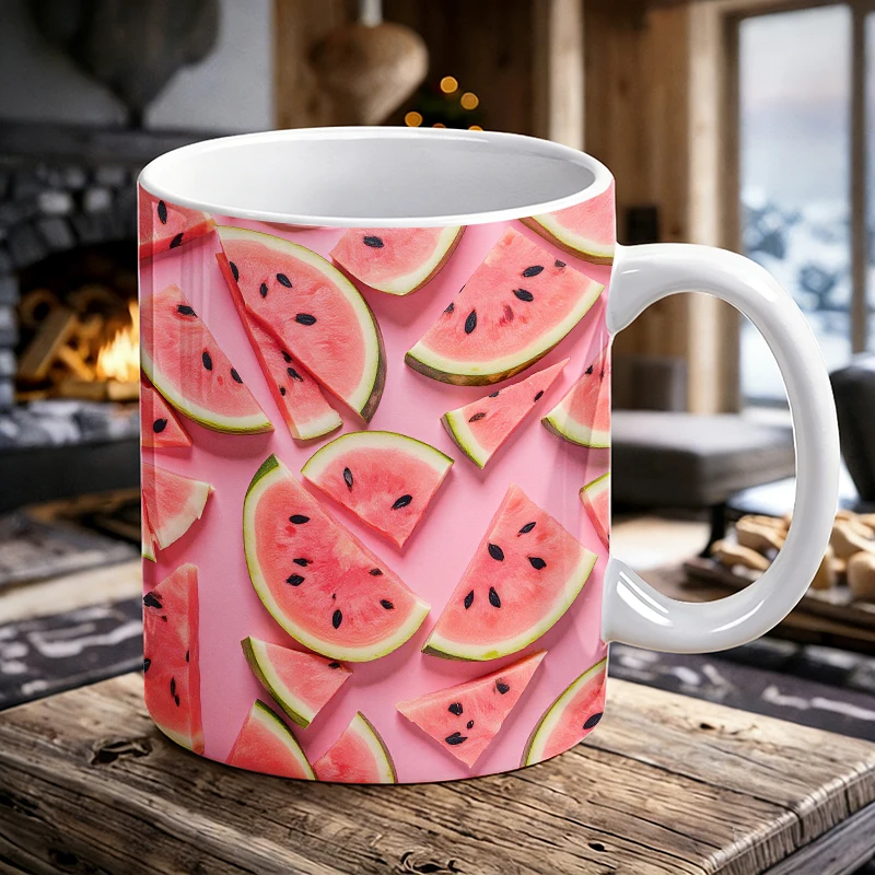 

Summer Watermelon Slice Mug, Pink Background Fruit Ceramic Mug, Coffee Cup, Milk Cup, Office Tea Cup, Gift for Friends