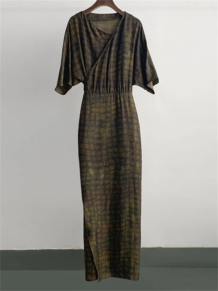 فستان كوبرو نسائي عتيق منقوش موديل 100% فستان ميدي للخصر أنيق للسيدات برقبة على شكل حرف v وأربطة وأكمام قصيرة وأردية طويلة