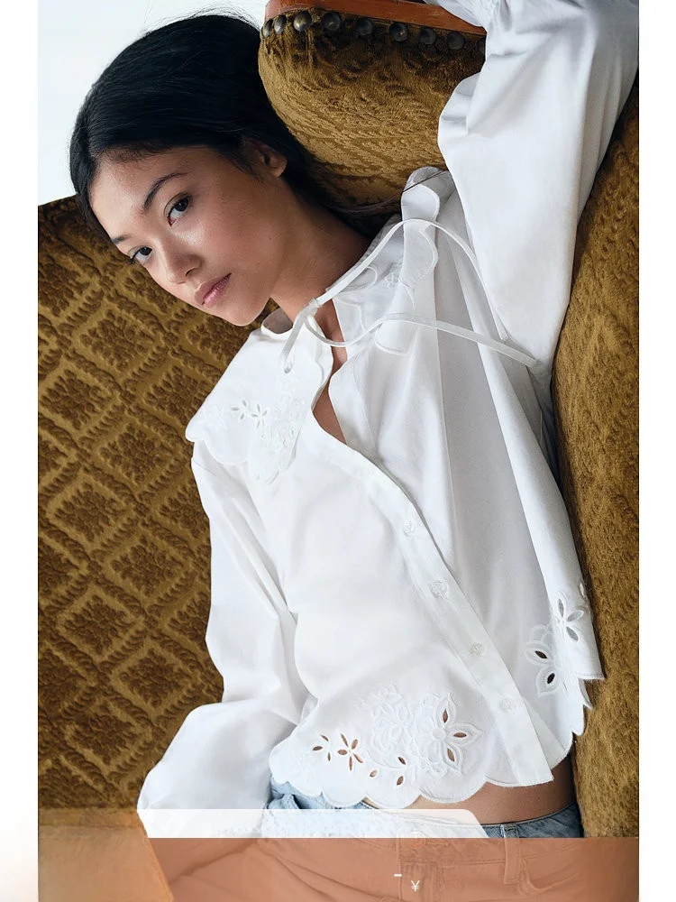 

Spring H&M Women's Long Sve Embroidered Doll Collar irt Boxy Fit Pure Color Cotton Casual Faion Trendy Top