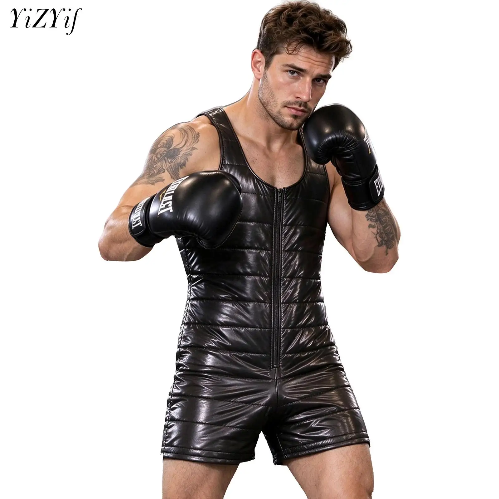 Mens Waterproof Quilted Padded Bodysuit Diaper Cover Sleeveless Zipper Front Thigh Length Jumpsuit Clubwear for Outdoor Sports