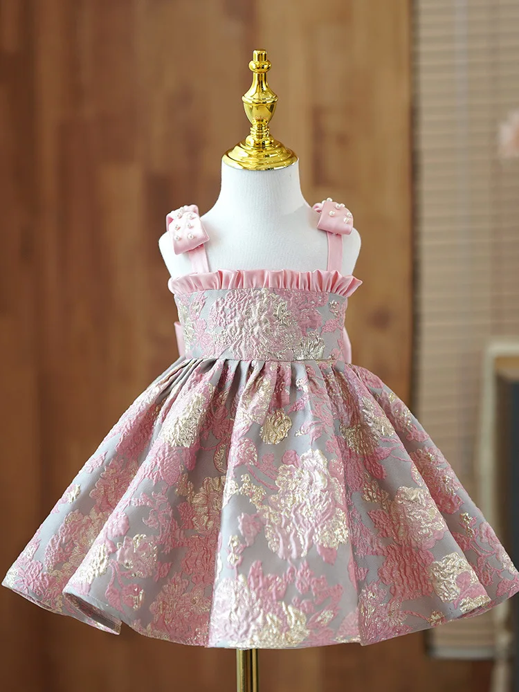 Flower Girl Luxury Pink Dress Kids Elegant Bow Frocks Girls Boutique Party Wear Ball Gown  Children Birthday Baptism Dresses