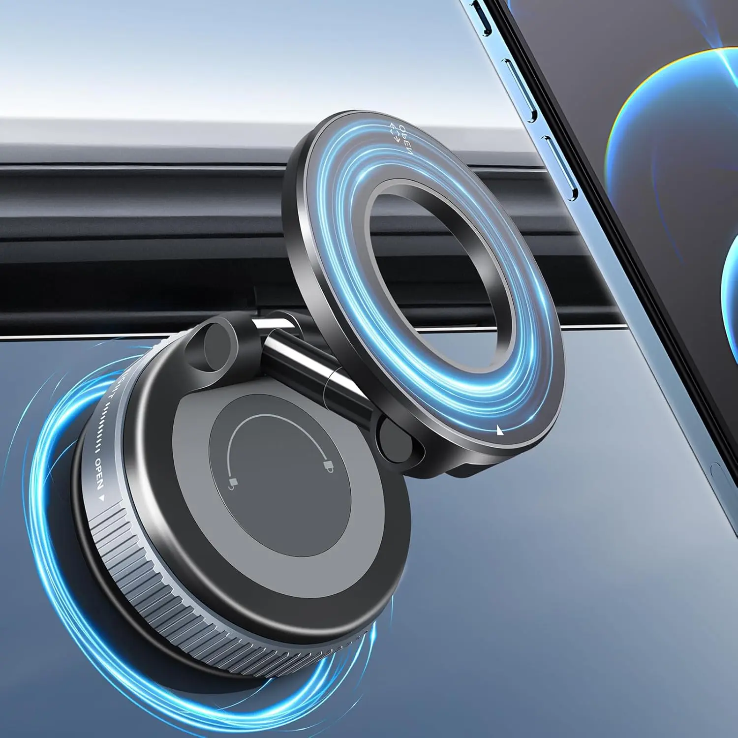 

Vacuum Suction Magnetic Phone Holder, Foldable Retractable Suction Cup Car Phone Mount for Magsafe, 360° Adjustable Phone Stand