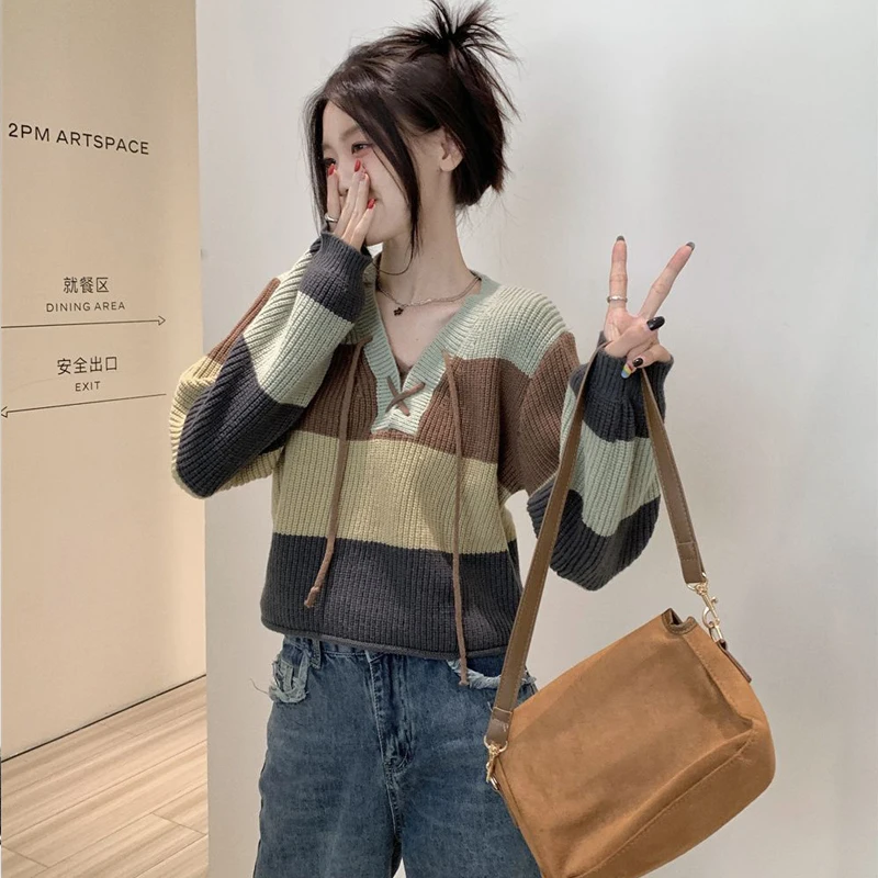 Striped Women's Sweater 2023 New Tricot Knitwears Y2K Knit Sweater Long Sleeve Korean Loose Basic Tops Drawstring Pullover Cute