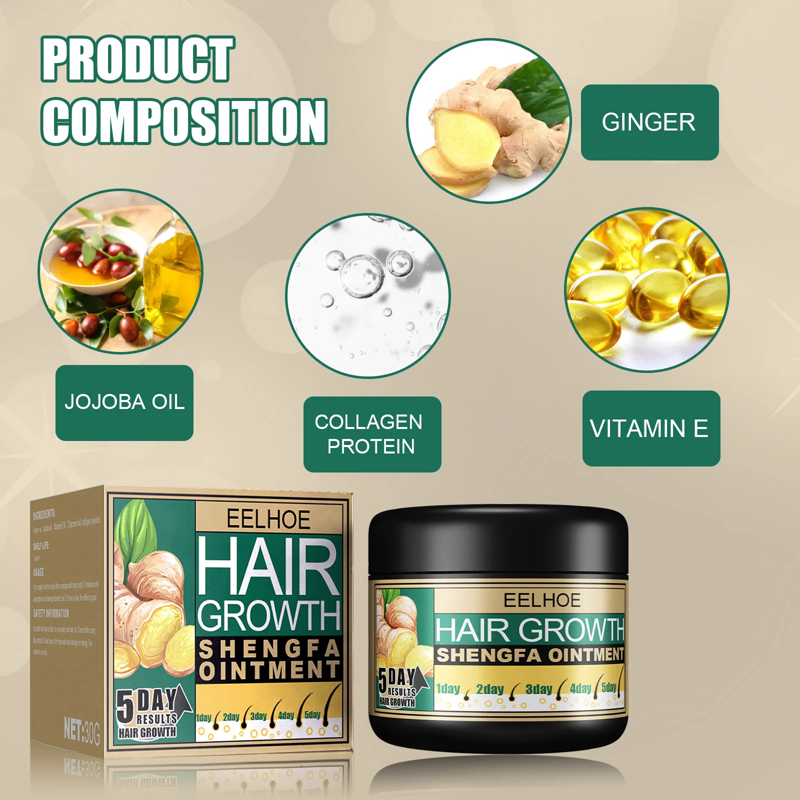 5PCS Hair Growth Product Ginger Regrowth Repair Cream Prevent Hair Loss Baldness Treatment Dense Hair Beauty Hair Care Men Women
