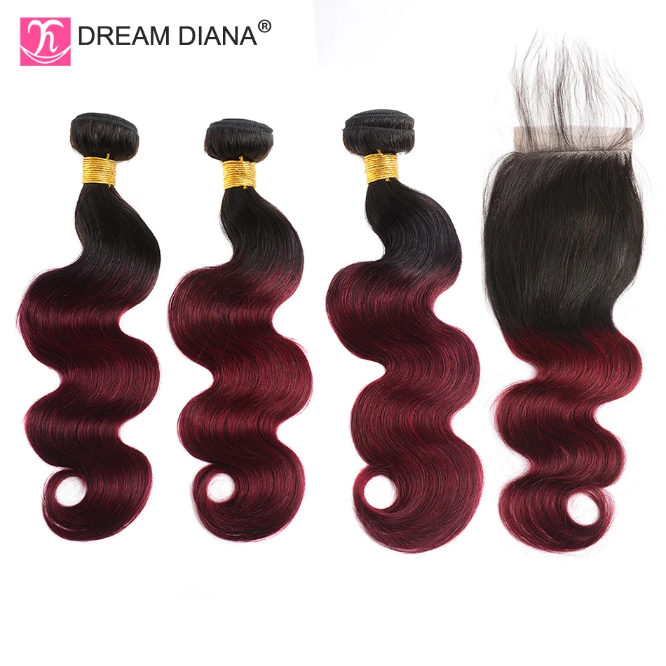 100% حزم شعر بشري داكن مع إغلاق ماليزيا تسليط الضوء على شقراء أومبير البيانو اللون 4/27 موجة الجسم البني مع إغلاق 4x4 HD