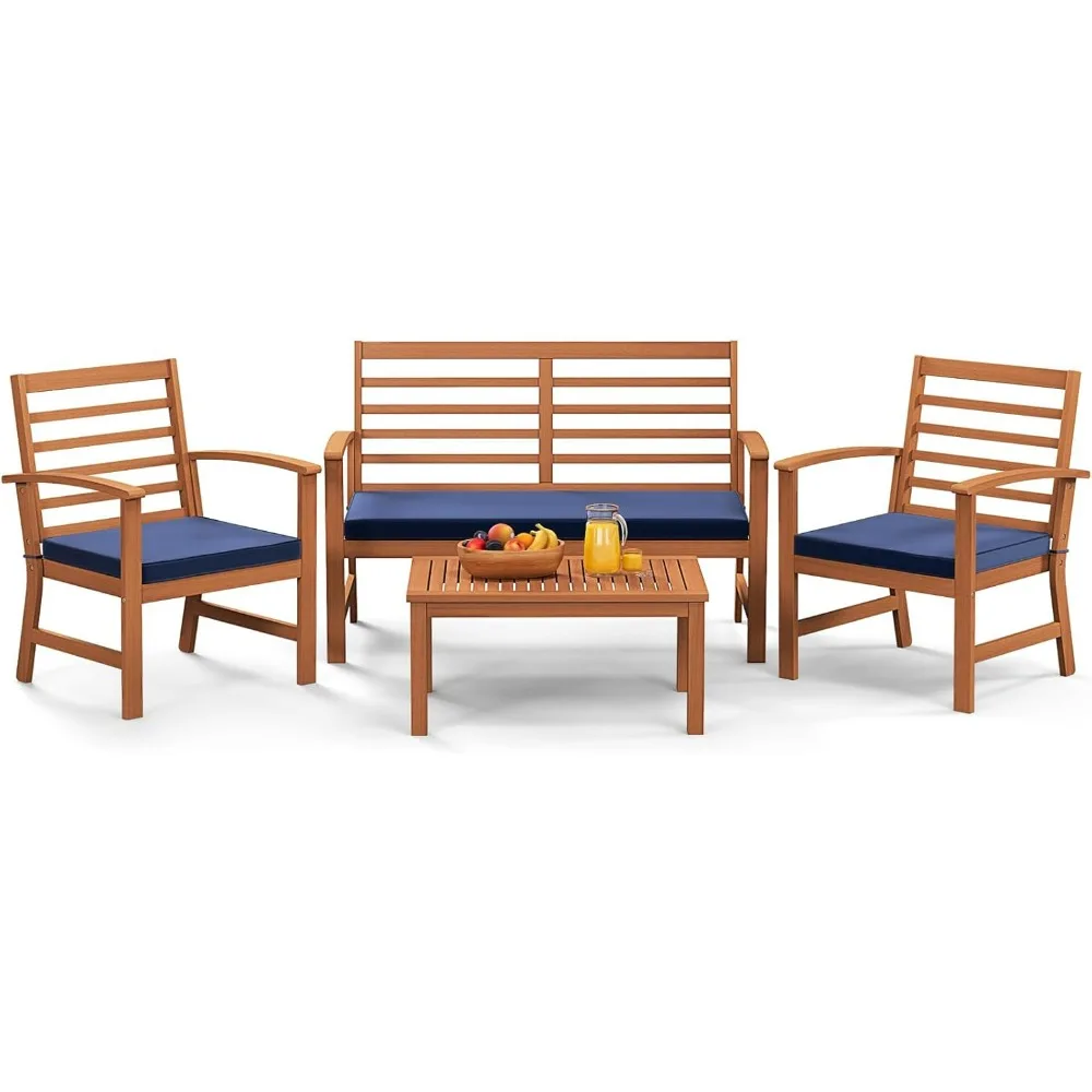 

Комплект уличной мебели из 4 предметов, набор для бесед из дерева акации с мягкими подушками для сиденья, устойчивый каркас из дерева акации, диван для патио