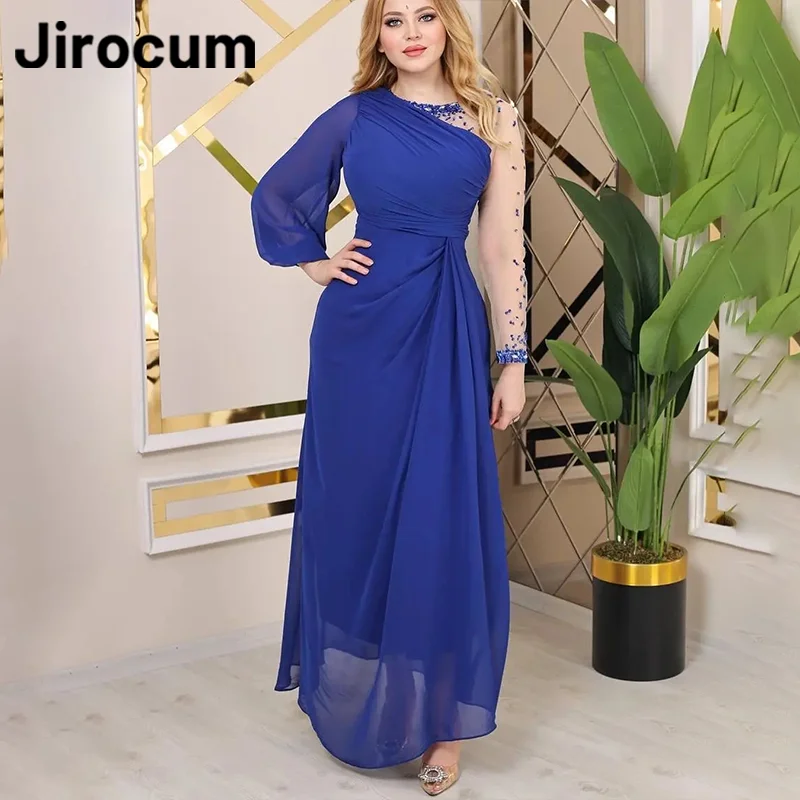 

Jirocum Elegant Mermaid Prom Gowns Women's Long Sleeve Chiffon Beaded Party Evening Gown Pleated Floor Length Formal Occasion