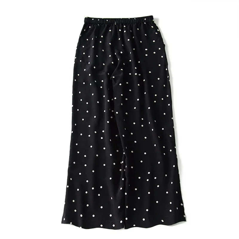 Fashion Black Polka Dot Chiffon Shirt and Pants Two-piece Suit Ummer Korean Wide-leg Pants Light Top Suit LOOSE Elastic Waist