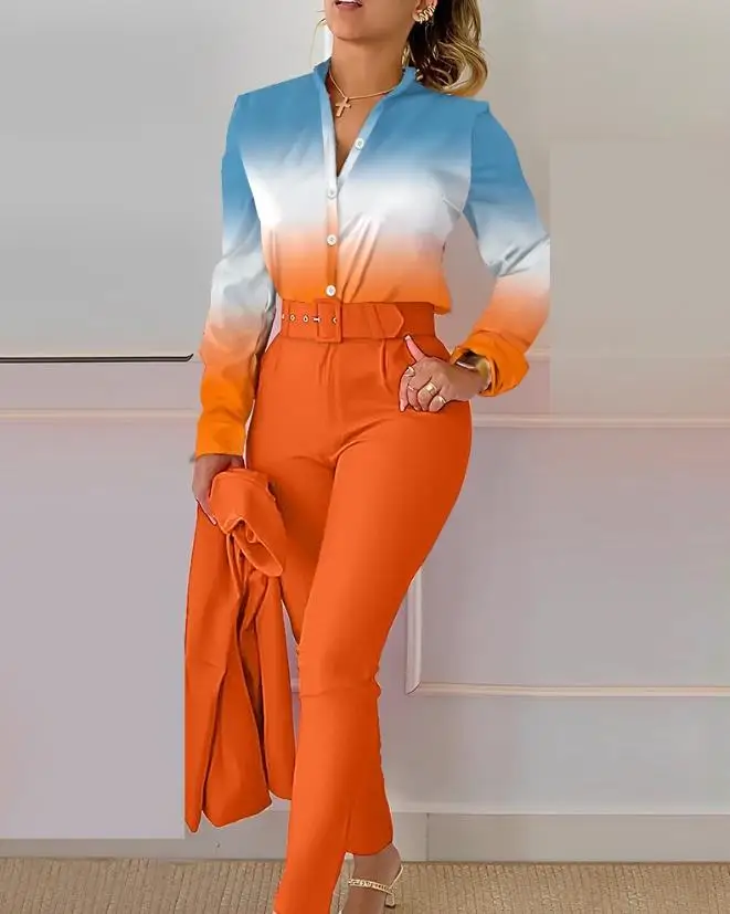 Women's Ombre Buttoned Long Sleeve Shirt & High Waist Pants Set Temperament Commuting Work Office Lady Fashion Trousers Outfits