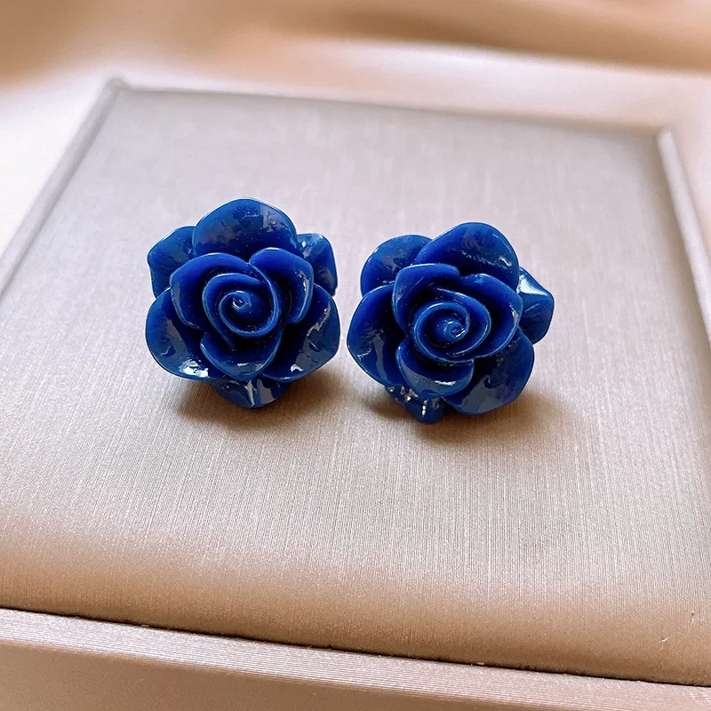 DREJEW Retro Blue Resin Rose Flower Earrings for Women Simple and Fashion Stud Earring High-end Korean Fahion Jewelry Gift - Image 5