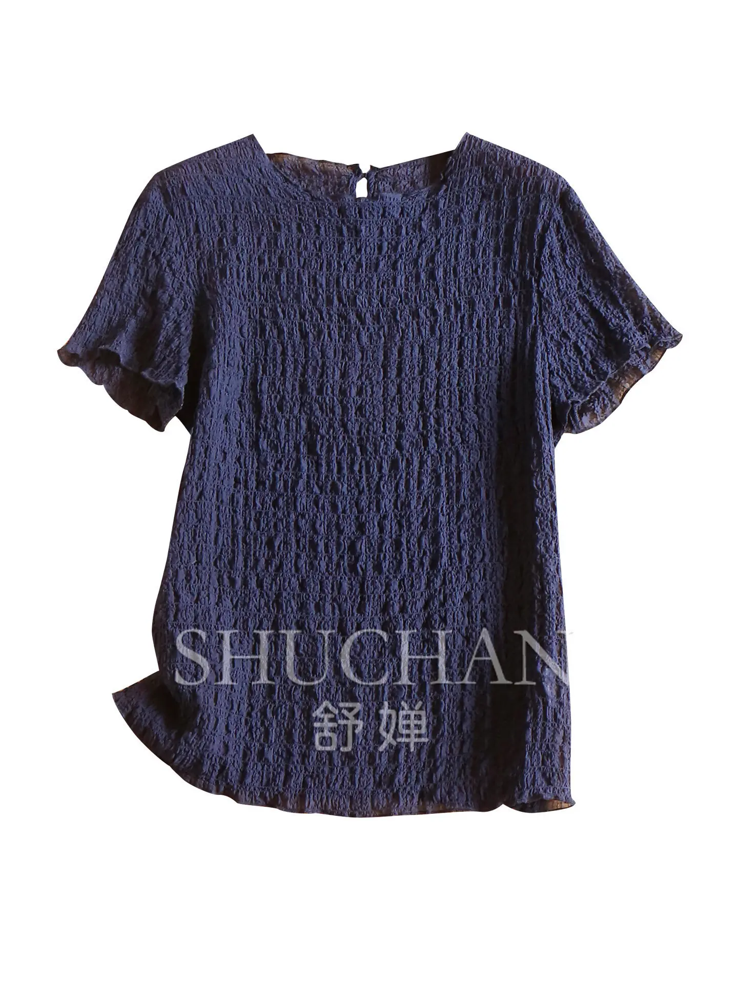 French Blouse Light Luxury Elastic Silk Bubble Crepe Crepe Crew Neck Short Sleeve Shirt T-Shirt Women's 34W5