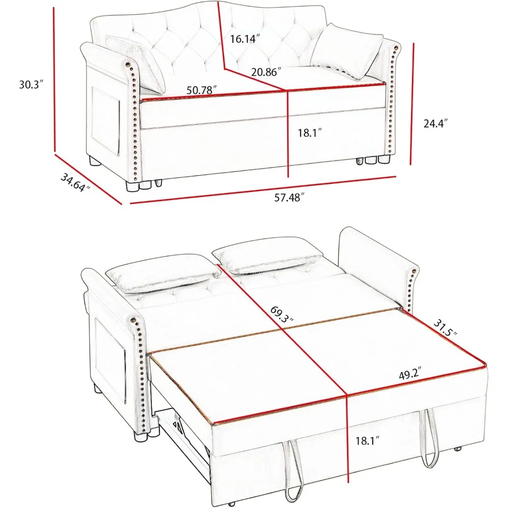 Velvet Pull-Out Sofa Bed, 3-in-1 Convertible Loveseat with Gold Trim Strips and Adjustable Backrest, Perfect for Living Room