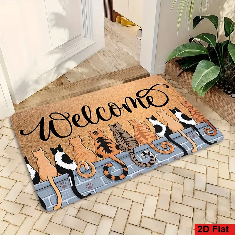 2D Flat Warm Cat Outdoor Doormat, - Color Textured Background with Black Handwritten Welcome Text And One Row of Cat Back Patt