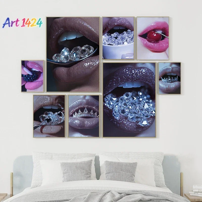 Luxury Woman Glamorous Lip Posters Fashion Glossy Diamonds Cherries Prints Canvas Painting Wall Pictures Home Living Room Decor