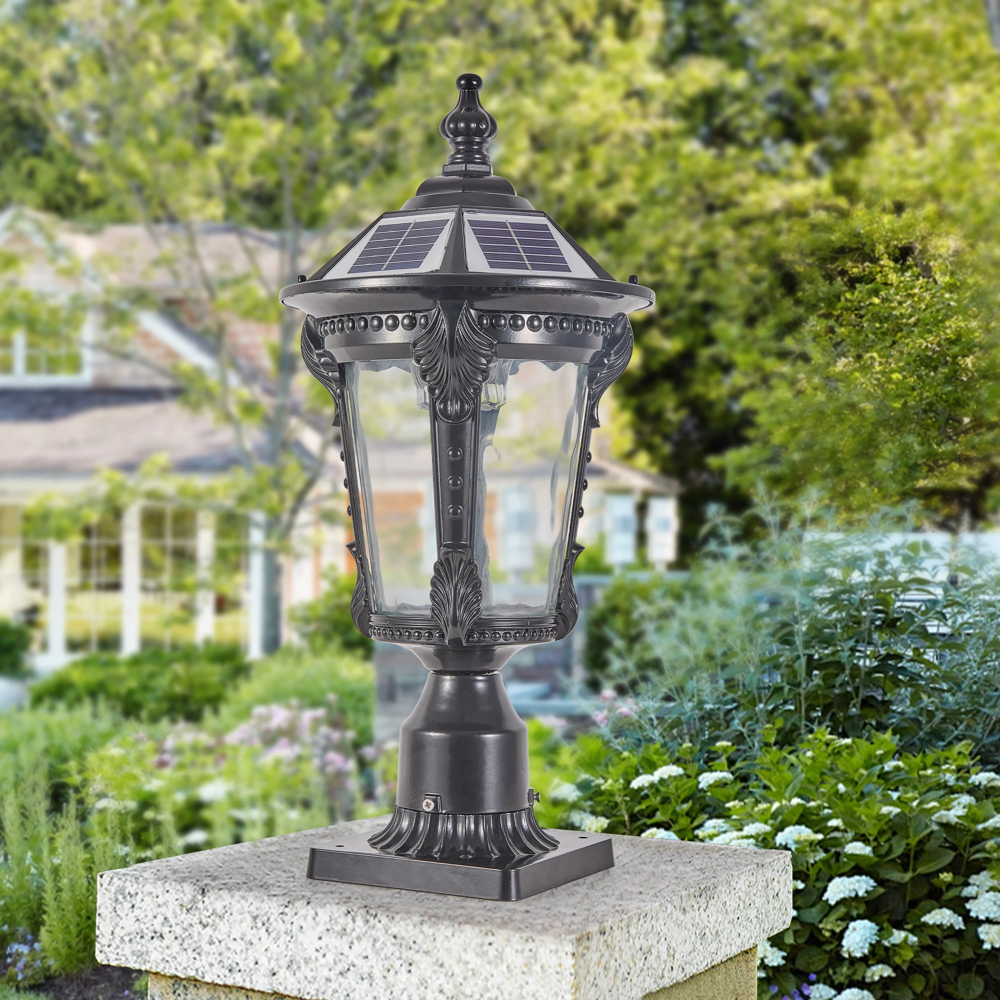 Solar-Powered Outdoor Post LED Light with Remote Control – Black Vintage Waterproof Cast Aluminum Lamp, Adjustable Brightness