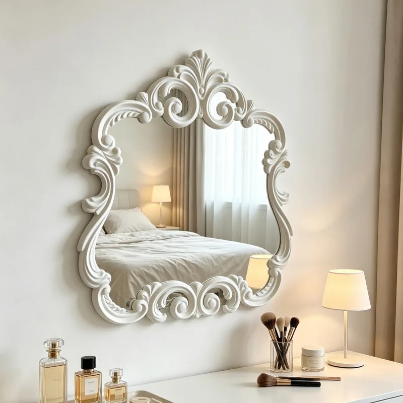 European retro baroque carved cosmetic bathroom  decorative mirror bedroom wall hanging light luxury
