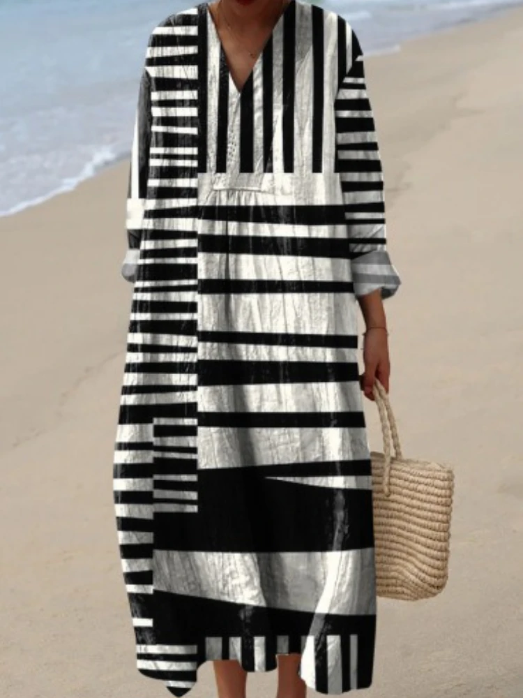 فستان نسائي قميص طويل الأكمام مطبوع عليه زهور ثلاثي الأبعاد ورقبة على شكل حرف V فستان ماكسي كاجوال للإجازات بوهو