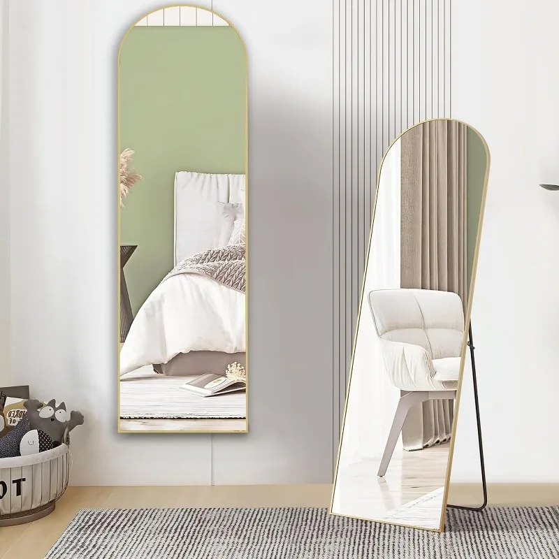 Miroir pleine longueur arqué avec support, miroir de sol 59 "x 16" avec cadre en alliage d'aluminium pour chambre à coucher, miroir sur pied complet