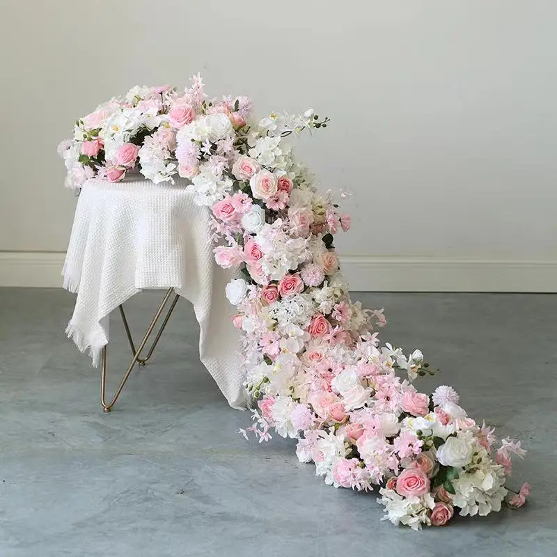 200cm  Luxury White Rose Artificial Flower Row Wedding Table Centerpiece Flowers Backdrop Wall Arches Decor Party Stage Floral