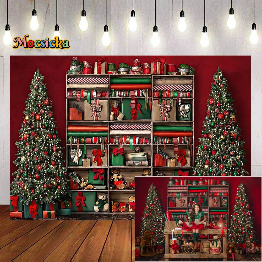 Santa Claus Workshop Red Background Christmas Gift Wrapping Room Backdrop Xmas Tree Decor Winter Children Party Studio Photozone