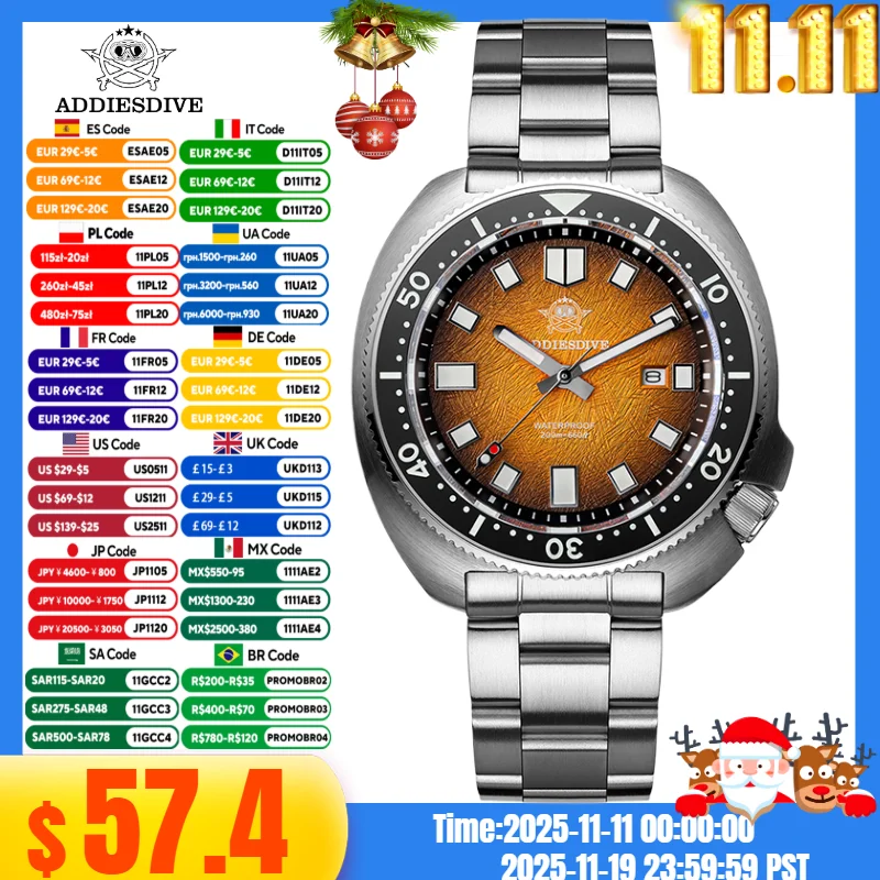 

ADDIESDIVE AD2511 Men Watch 20Bar Waterproof Abalone Shell Reloj Hombre BGW9 Super Luminous Sapphire Glass Quartz Watch