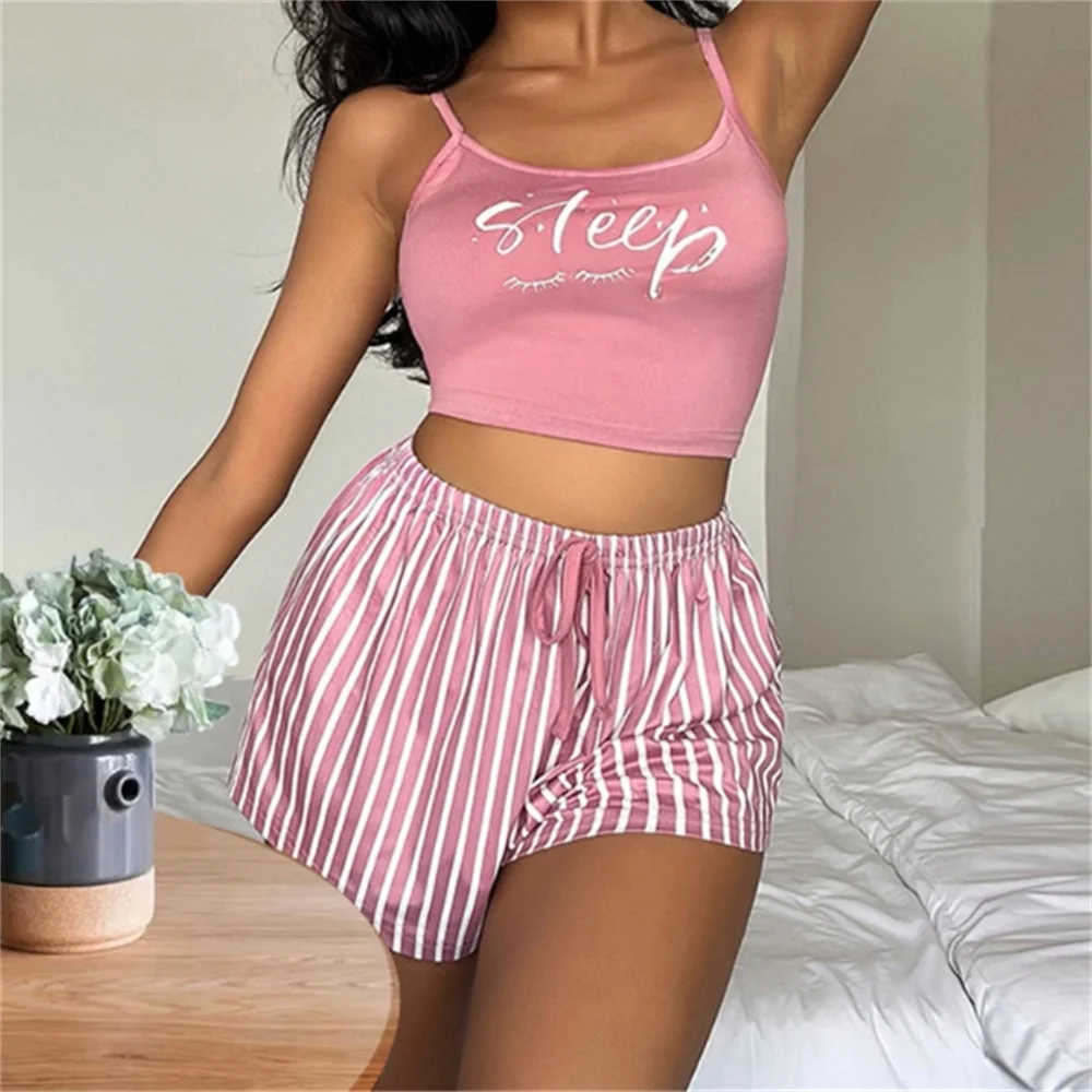 Sexy Summer Women Pajamas Set Sleepwear Cotton Home Clothes Tops And Shorts Cute Soft Sleeveless Nightwear For Female