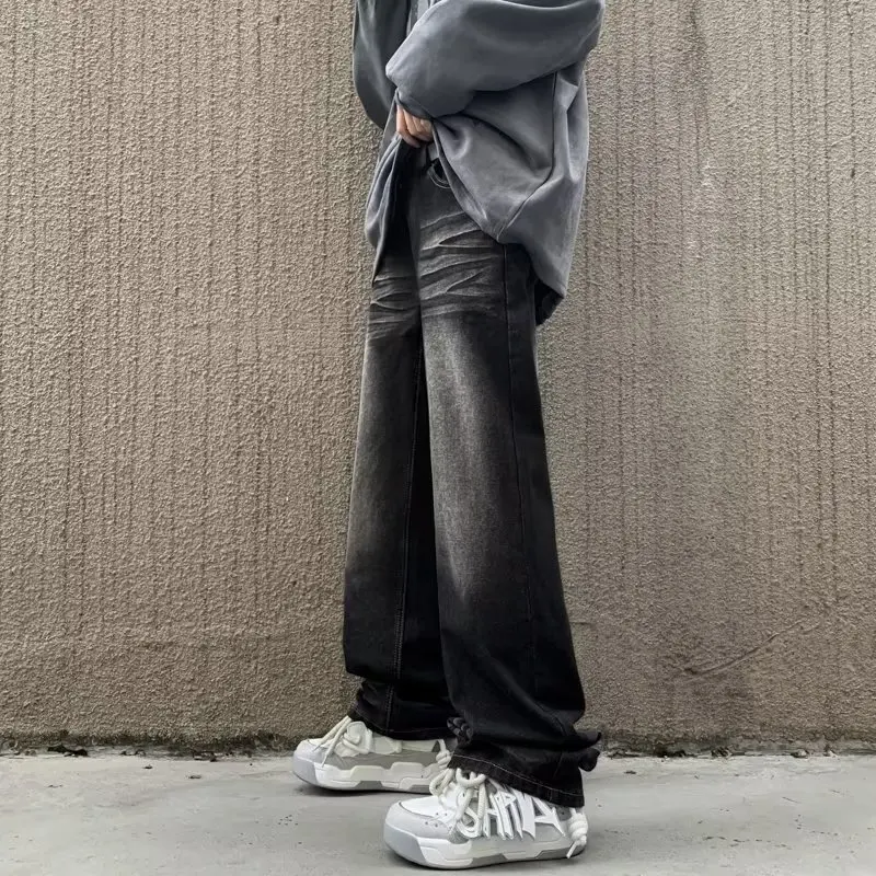 

Винтажные потертые джинсы из черного денима для мужчин: свободные прямые брюки, струящиеся, в пол, молодежные, модные, стильные