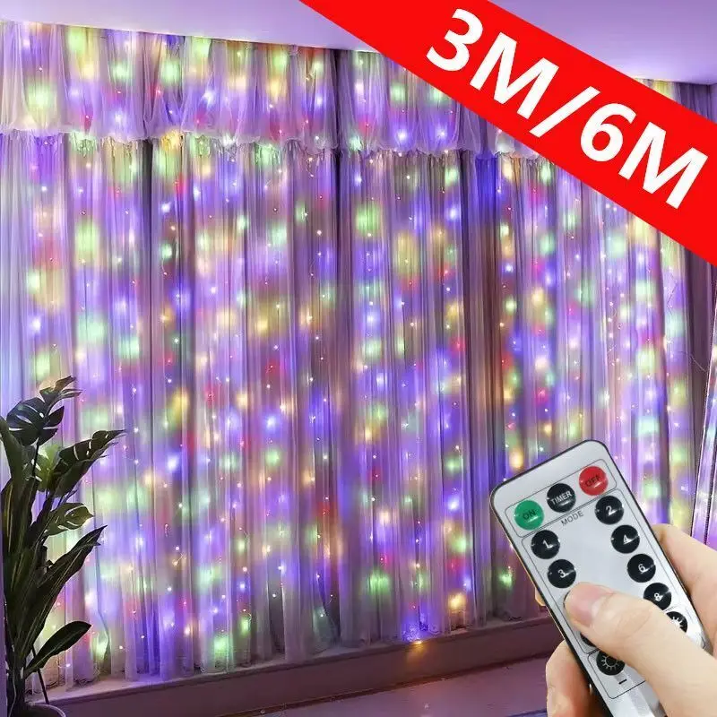 Cortina de luces LED con control remoto, lámpara de guirnalda con USB, 8 modos para el hogar, jardín, fiesta de Navidad, Año Nuevo, decoración de boda