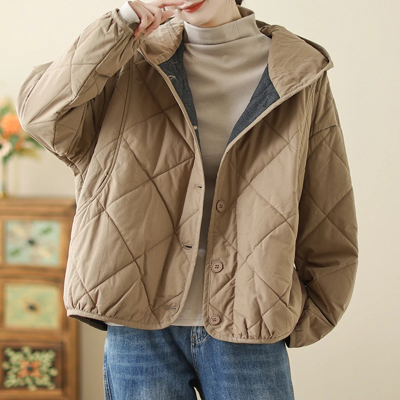

Quintessence New Style Quilted Cotton Jacket with Hood Warmth Insulation Short Length Retro Design Loose Fit for Autumn Winter