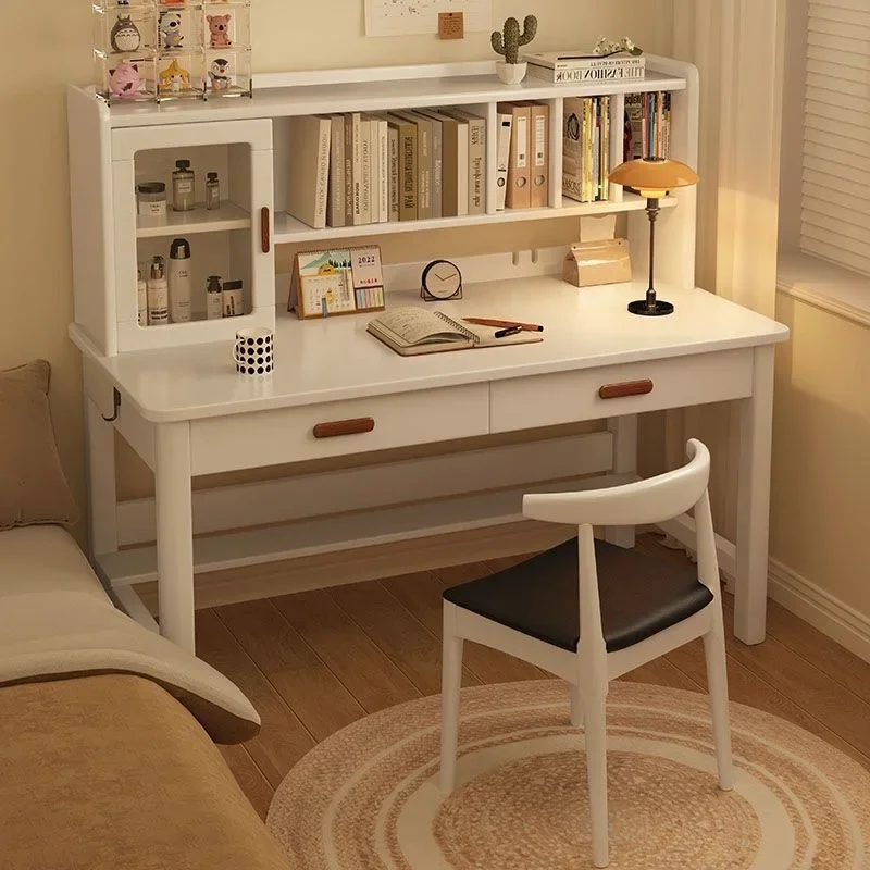 

All wood desk bookshelf integrated primary and students home learning writing table girls bedroom makeup table computer table