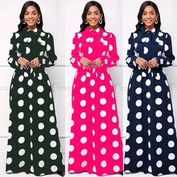 Casual Dresses Elegant Women Long Dress Sleeve Female Robe Bow Knot Polka Dots Girl's Vestidos Lady's Maxi Dresses