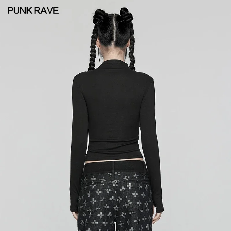 PUNK RAVE Women\'s Punk Sexy Drawstring Structure Knitted Long Sleeve T-shirt Handsome Small High-neck Black Tops Women Clothes