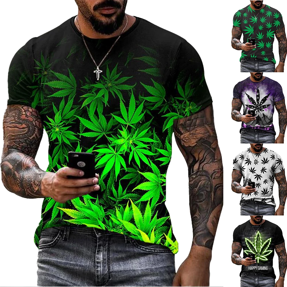 Men Short Sleeve T‑Shirt Round Neck Tropical Green Leaves 3D All‑Over Print Multi‑Color Street Casual Tops