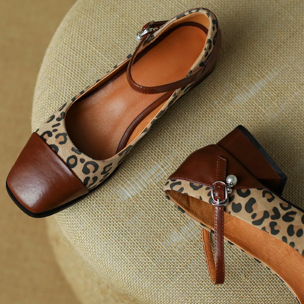 Women\'s genuine leather leopard fabric patchwork square toe metal belt slip-on mary jane flats leisure soft comfortable shoes