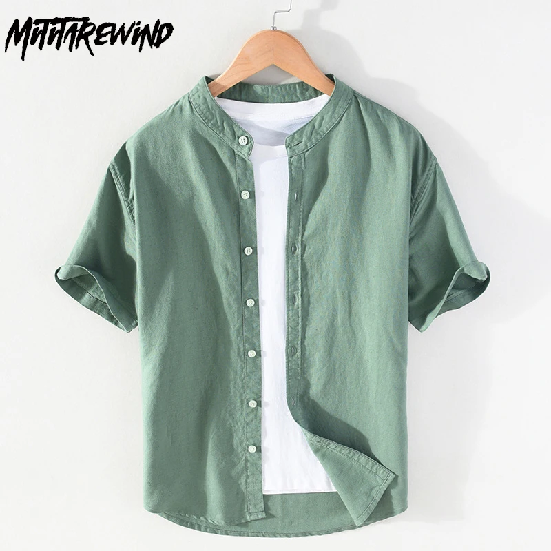 

Stand Collar Shirts for Men Summer Simple Beach Causal Breathable Short Sleeve Shirt Solid Color Cotton Linen Shirts Versatile