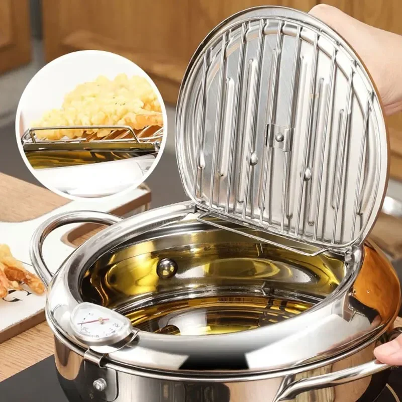 Oil Pan Household Thermometer With Cover Tempura Oil Fryer Small Oil Saving French Fries Frying Pan 1pc Stainless Steel