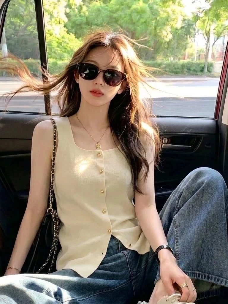 Elegant Knitted Sleeveless Vest Women's Summer New plus Size Big MM Square Collar Outerwear Casual Single Button Closure