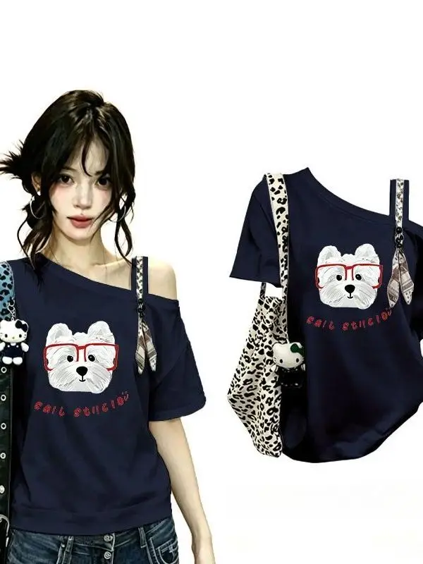 Korean Style Short Sleeve T-Shirt Women's Black Shoulder Bared Design Casual Loose Versatile Top Cartoon Dog Print Casual Sum...
