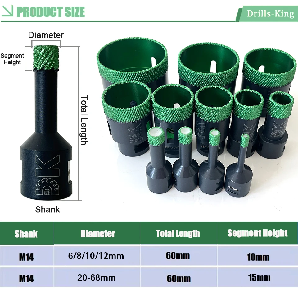 Imagem -02 - Brocas-king Diamond Broca Coroas de Perfuração Azulejo Porcelana Cerâmica Mármore Serra Buraco Rosca M14 Abridor de Buracos 668 mm 1pc