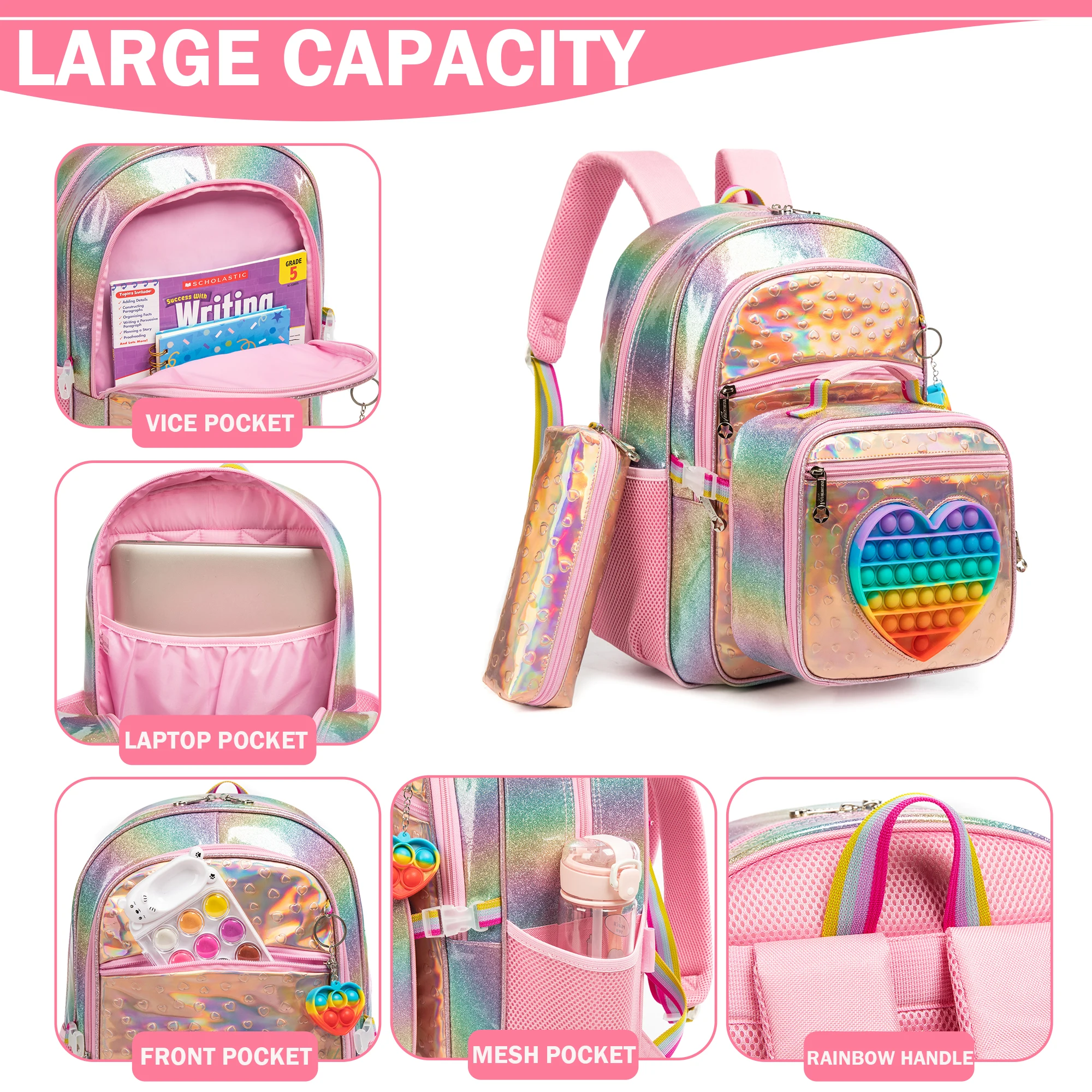 Meetbelify Girls Backpack with Lunch Box for Elementary Kindergarten Travel Bookbag for Girls 6-8 Years Old