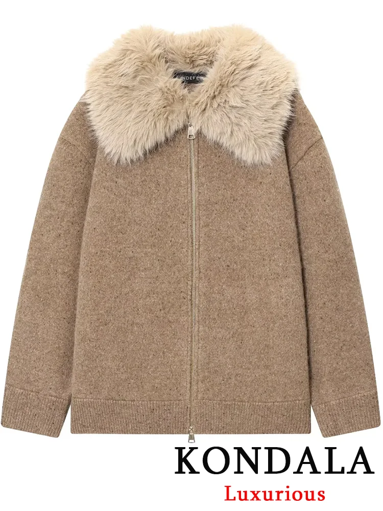 

KONDALA винтажные шикарные женские куртки из искусственного меха на молнии с длинными рукавами, теплые пальто, новая мода 2024, осенне-зимняя праздничная женская верхняя одежда