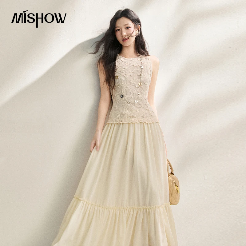 

MISHOW Women 3D Embroidered Lace Sleeveless Dress 2026 Summer New Ruffle Hem Elegant Fairy Slim Long Maxi Dress MXF22L2634