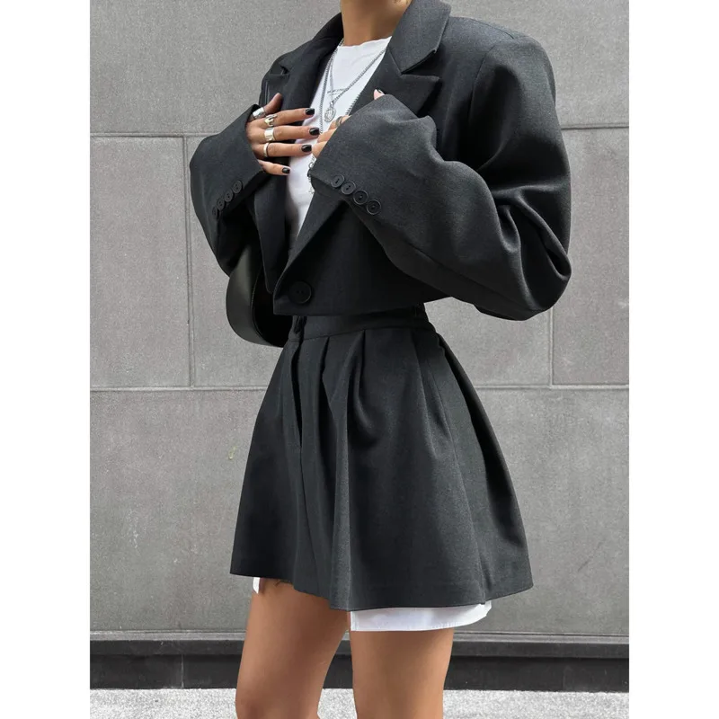 Women's Cropped Blazer And Mini Skirt Set Y2K Style Shoulder Pad Jacket With Button Front And Mini Skirt For Chic Street Fashion