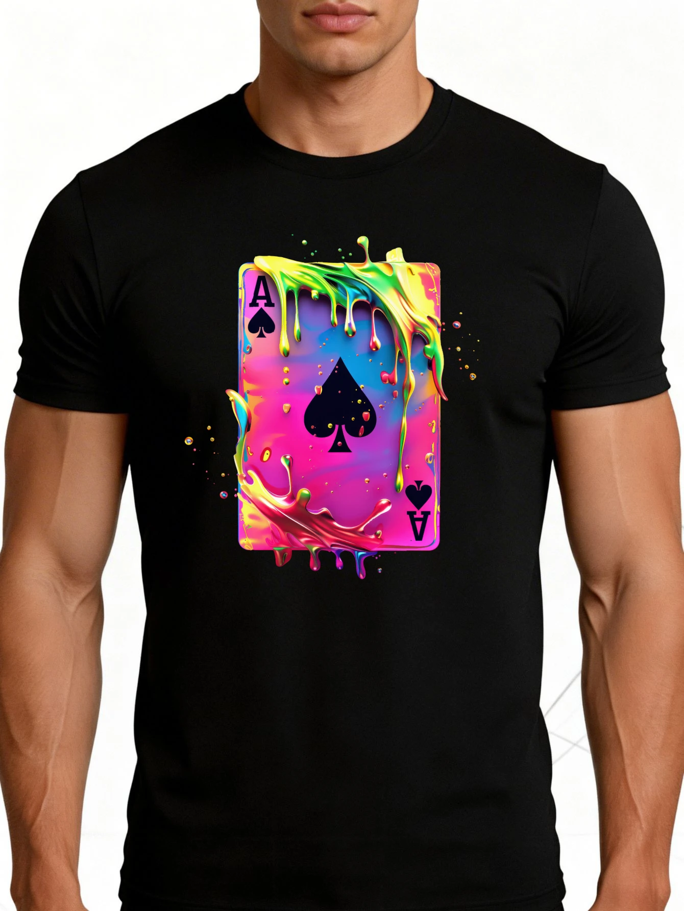 Colorful Abstract Playing Card Design Men's T-Shirt Ace of Spades Artistic Ink Splash Pattern Summer Casual Wear Gift for Game Enthusiasts and Art Lovers