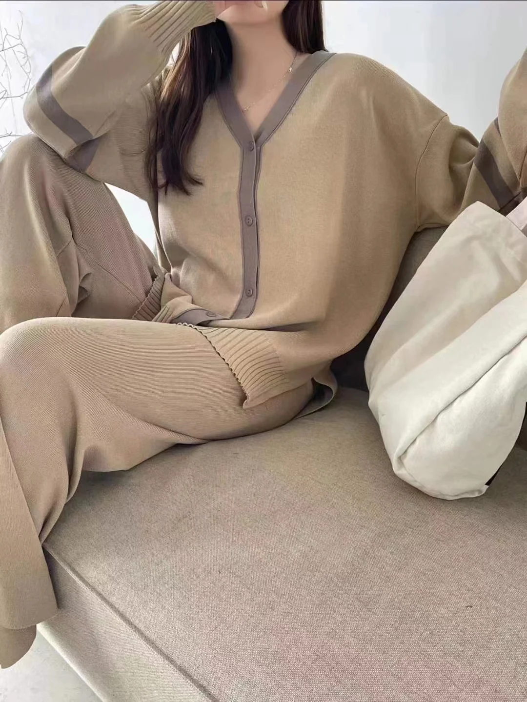 Korean Fashion Casual Knitted Two Piece Set Women V-neck Long Sleeve Loose Cardigan Sweater + Wide Leg Pants Sets Tracksuit