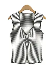 XNWMNZ Women's Fashion 2024 Striped Tank Top Women High Street Chest pleated Sleeveless Slim Fit Versatile Female Vest