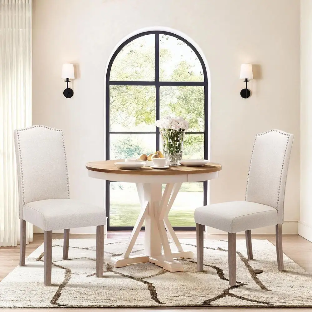 Sedie da pranzo Parsons in tessuto beige con finiture in chiodo color argento e gambe in legno, set di 6