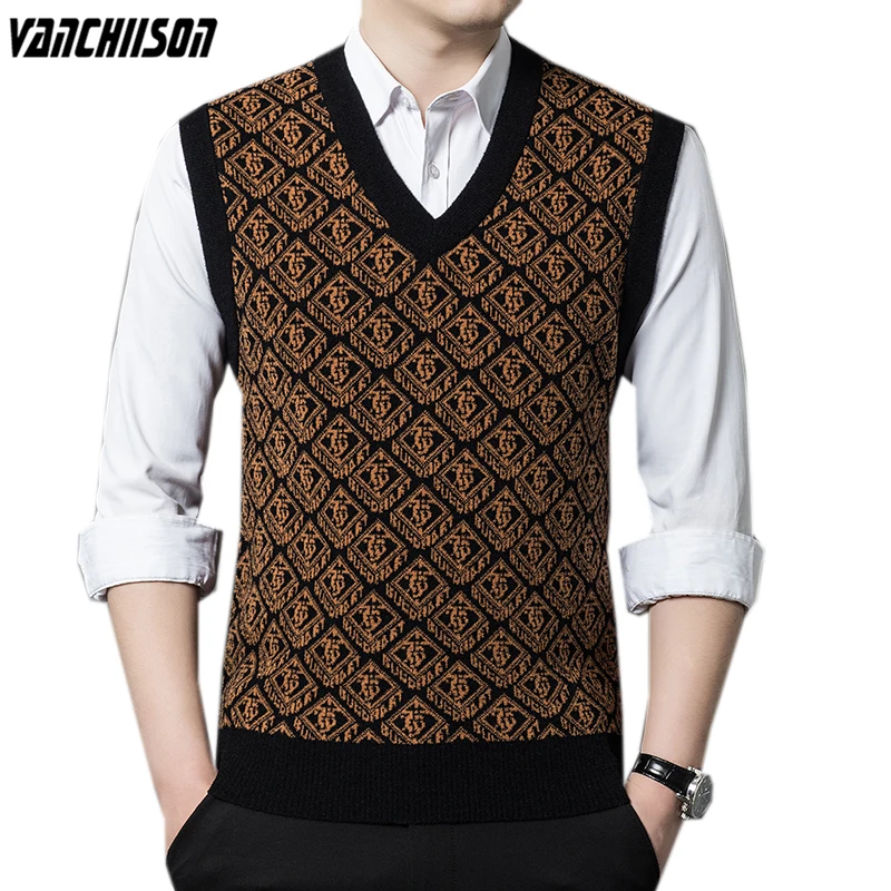 Men 14% Wool Knit Tank Sweater Jumpers Sleeveless Argyle Patterns Retro Vintage for Autumn Winter V Neck 00946